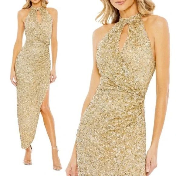 NWT MAC DUGGAL SEQUIN HALTER ASYMMETRICAL HALTER MIDI DRESS‎ GOLD SZ 6 - Picture 1 of 5